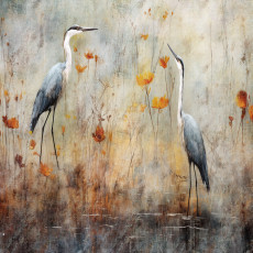 15023 - œuvre abstraite représentant des oiseaux et des hérons