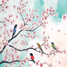 Papier peint photo avec des oiseaux, des fleurs de cerisier et des brindilles pour la chambre à coucher ou le salon, 150 x 105