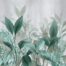 Papier peint photo 3D avec des feuilles vertes et un fond gris béton pour les murs d'une chambre ou d'un salon, 150 x 105 cm
