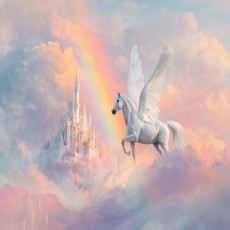 Papier peint pour fille : château, licorne et nuages – papier peint pour enfants 150 x 105