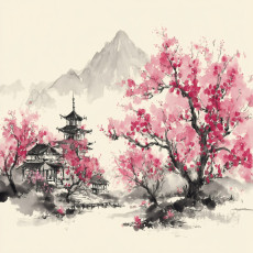 Papier peint mural avec motif de montagnes, d'arbres et de fleurs de cerisier – chambre à coucher, salon – papier peint intissé 150 x 105