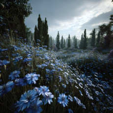 Papier peint photo : fleurs, prairie, arbres, forêt ; chambre, salon ; papier peint intissé 150 x 105