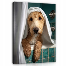Tableau pour salle de bain ou toilettes : chien rigolo dans une baignoire, sur toile, 120 x 80