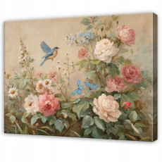 Tableau « Fleurs, roses et oiseaux » style bohème, couleur beige, pour chambre à coucher ou salon, sur toile, 60 x 40 cm