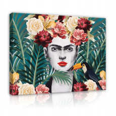 Peinture sur toile Frida Kahlo feuilles fleurs 60x40