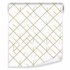 Papier peint géométrique lignes dorées blanc sur intissé mur salon chambre à coucher