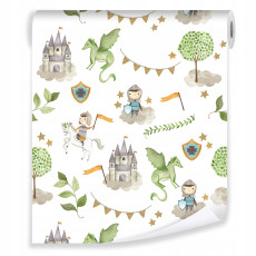 Papier peint pour chambre d'enfant sur intissé pour garçon château dragon