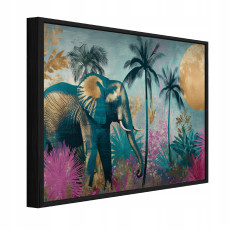Tableau sur métal dans un cadre noir, motif éléphant, style jungle, pour salon ou chambre à coucher, 120 x 80