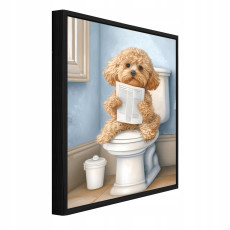 Tableau sur toile dans un cadre noir pour la salle de bain : chien rigolo aux toilettes, 90 x 60