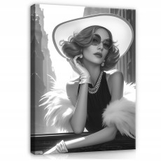 Tableau femme au chapeau noir et blanc sur toile pour chambre à coucher ou salon 100x70