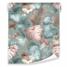 Papier peint à motifs de feuilles pastel sur intissé pour le salon ou la chambre à coucher