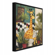 Tableau sur toile dans un cadre noir pour la salle de bain : girafe rigolote aux toilettes, 120 x 80
