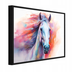 Tableau sur toile dans un cadre noir : cheval, aquarelle, rose, salon, chambre à coucher, 120 x 80