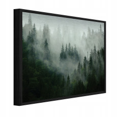 Tableau sur métal dans un cadre noir « Forêt dans le brouillard » – décor naturel pour salon ou chambre à coucher – 120 x 80