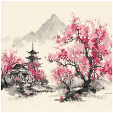 Papier peint mural avec motif de montagnes, d'arbres et de fleurs de cerisier – chambre à coucher, salon – papier peint intissé 150 x 105