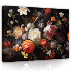 Tableau fleurs pivoines fond noir sur toile mur chambre salon 100x70