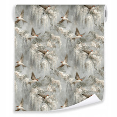 Papier peint fleurs et oiseaux sur intissé pour le salon ou la chambre à coucher