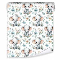 Papier peint bleu pour enfants « Éléphant et feuilles » pour la chambre d'enfant