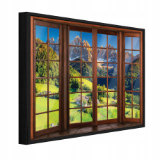 Tableau sur toile dans un cadre noir, motif « fenêtre 3D » représentant une montagne, idéal pour le salon ou la chambre à coucher, 120 x 80 cm