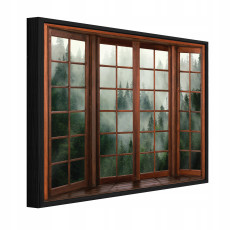 Tableau sur toile dans un cadre noir, motif « Fenêtre 3D : forêt dans la brume », pour salon ou chambre à coucher, 60 x 40 cm