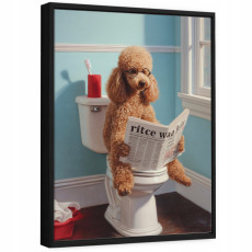 Tableau sur toile dans un cadre noir pour la salle de bain : chien rigolo aux toilettes, 100 x 70