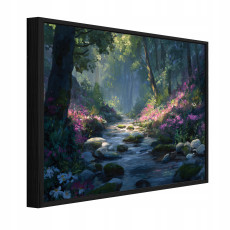 Tableau dans un cadre noir sur toile forêt nature rivière salon chambre à coucher 100x70