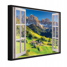 Tableau dans un cadre noir sur toile, fenêtre 3D, montagne, nature, salon, chambre à coucher, 120 x 80