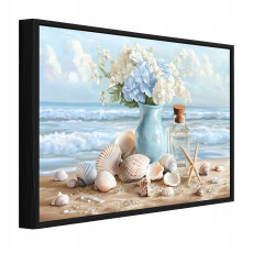 Tableau dans un cadre noir sur toile : mer, vase, fleurs, salon, chambre à coucher, 100 x 70