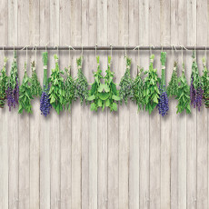 Papier peint mural « Herbes et lavande » sur fond bois clair pour cuisine et salle à manger de style rustique