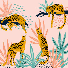 Papier peint mural léopards et feuilles tropicales rose pour chambre d'enfant