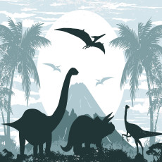 Papier peint mural avec des silhouettes de dinosaures et des palmiers pour chambre d'enfant