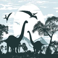 Papier peint mural avec des dinosaures, un paysage et des arbres pour chambre d'enfant