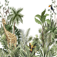 Papier peint mural « jungle, girafe et palmiers » pour un salon verdoyant