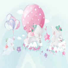 Papier peint mural avec des bébés éléphants, des ballons et des nuages pour chambre d'enfant