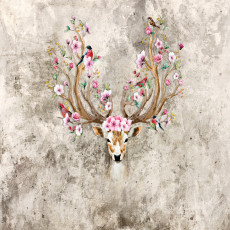 Papier peint mural : cerfs, fleurs, bois, béton, salon