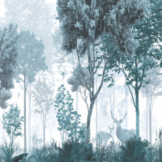 Papier peint mural « Forêt brumeuse et cerfs » bleu pour le salon