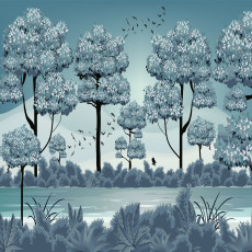 Papier peint mural représentant des arbres bleus stylisés et de l'eau pour le salon
