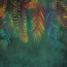 Papier peint mural représentant des feuilles de palmier colorées pour un salon sombre