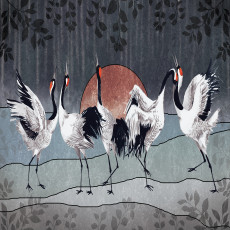 Papier peint mural « Grues japonaises et soleil rouge » pour le salon