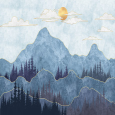 Papier peint mural « Montagnes bleues, forêt et soleil » pour le salon