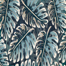 Papier peint mural bleu à motif de feuilles de monstera pour le salon
