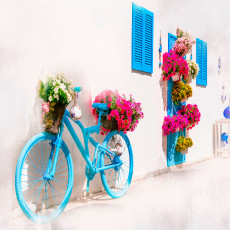 Papier peint mural vintage « Vélo et bougainvilliers » pour le salon
