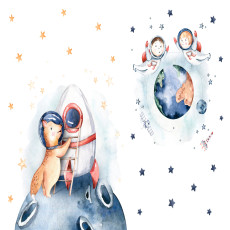 Papier peint mural « Ours dans l'espace et fusée » pour chambre d'enfant