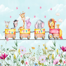 Papier peint mural avec des animaux, un train et des fleurs pour chambre d'enfant