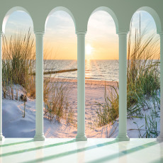Papier peint mural représentant des colonnes, la plage et les dunes dans un salon