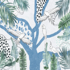 Papier peint mural « Arbre bleu, cacatoès et léopards » pour le salon