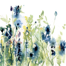 Papier peint mural bleu avec des fleurs sauvages à l'aquarelle pour le salon