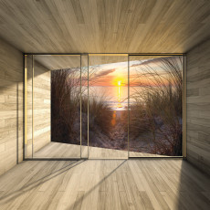 Papier peint mural représentant une fenêtre, une plage, des dunes et un coucher de soleil pour le salon