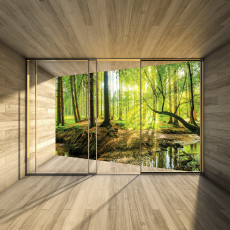 Papier peint mural représentant une forêt ensoleillée dans un salon