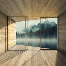 Papier peint mural « Fenêtre, montagnes brumeuses, lac » pour le salon